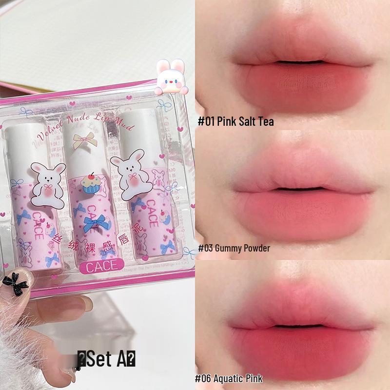 CACE Velvet Nude Matte Lip Mud Set - Natural, Versatile, Whitening, Pigmented Lip Glaze for a Subtle Nude Look.