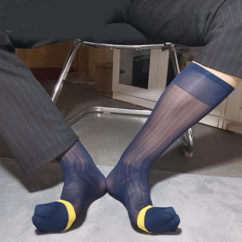 Calzini da uomo sottili e trasparenti in nylon traspirante, calze a righe over the calf per affari