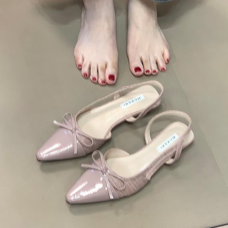 Sanfte Temperament flacher Mund einzelne Schuhe 2025 Sommer neu Schleife Französisch hinten leer Spleißbeutel Kopf Sandalen mit Rock