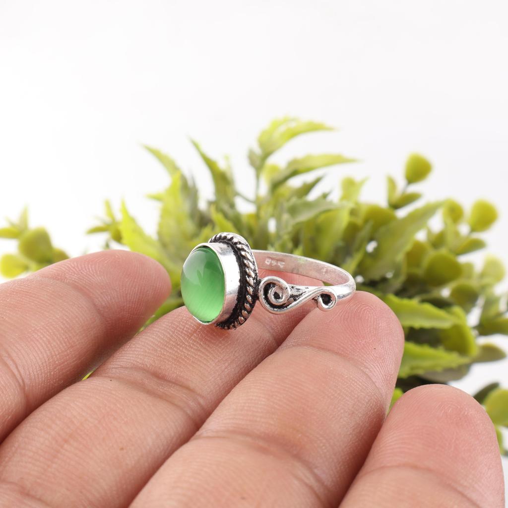 Grüner Katzenaugen-Edelsteinring, 925 massiver Sterlingsilberring, handgefertigter spiritueller Schmuck als Hochzeitsgeschenk