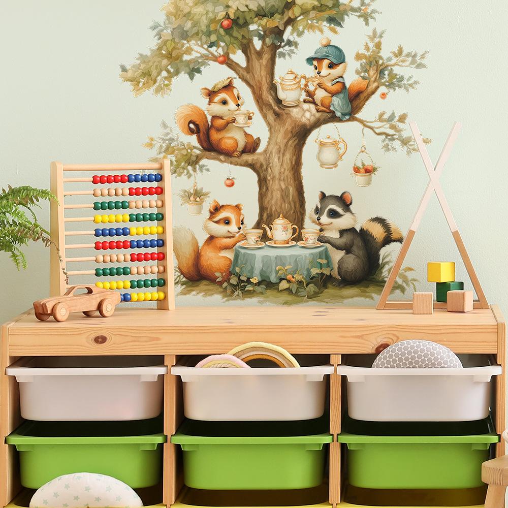 Decorative Wall Stickers for The Children's Room of The Squirrel Family Holding A Tea Party Under The Cartoon Tree