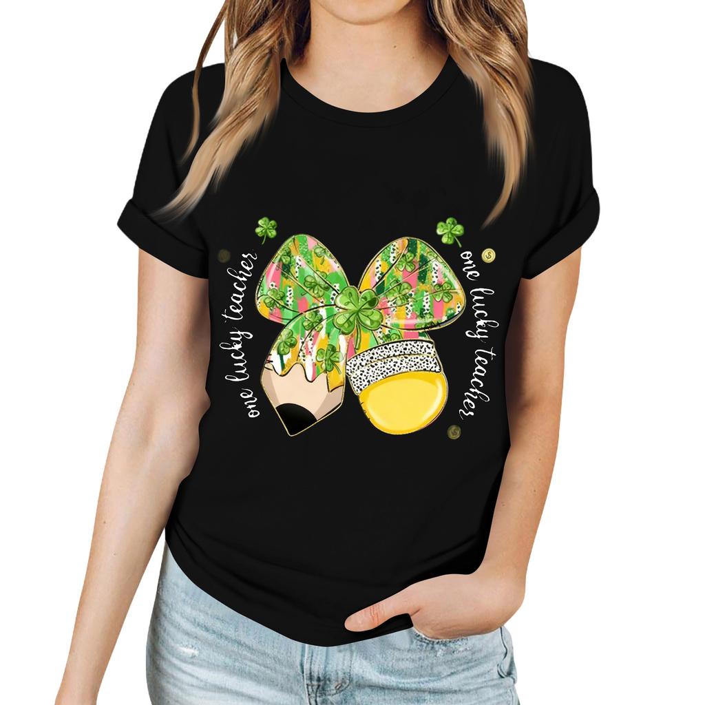 Women's Casual Saint Patrick Print T-Shirt Round Neck Pullover Short Sleeve Top
