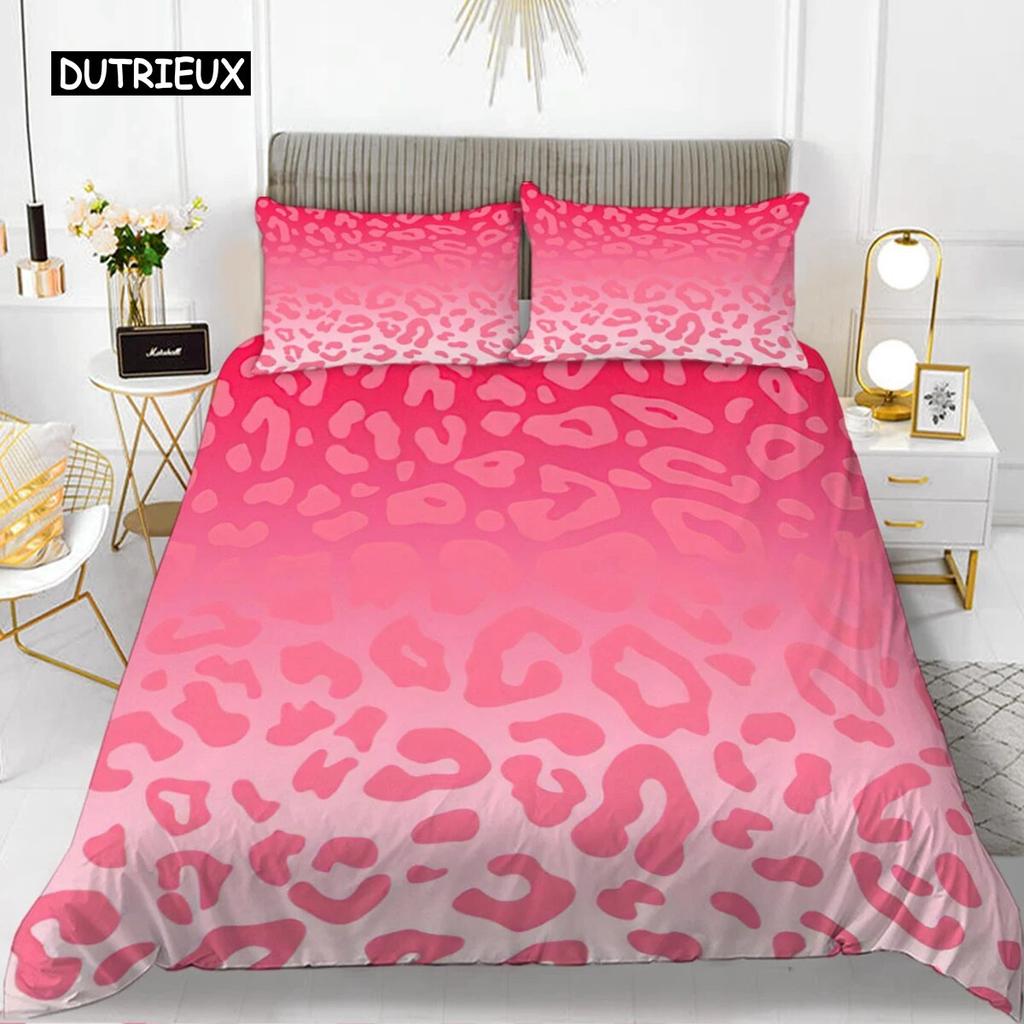 Leopard Print Duvet Cover Set Pink Girly Chic Cheetah Print Bedding Set for Boy Teen Polyester Wild Animal Theme Comforter Cover Three Piece Set