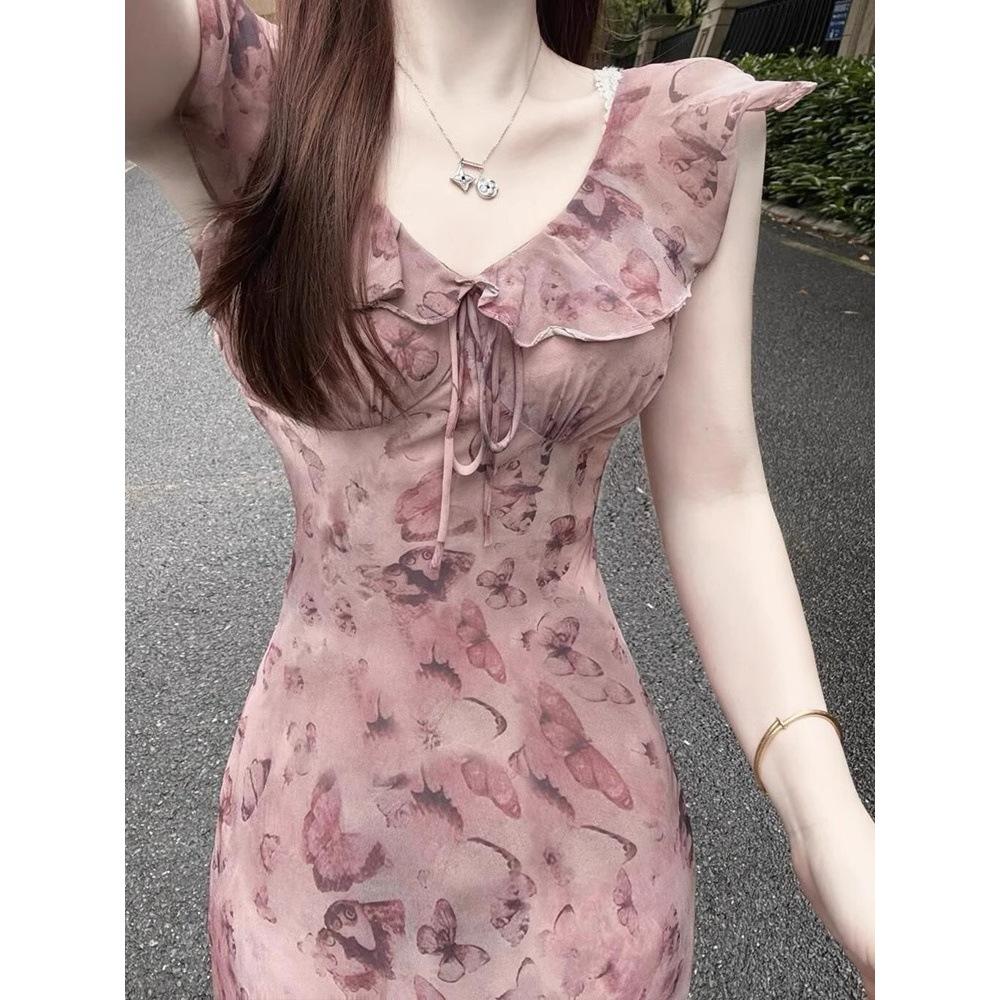 Pure Desire Long Butterfly Print Lotus Leaf Edge Thin Dress Women's 2026 Summer New Waist Temperament Skirt Women