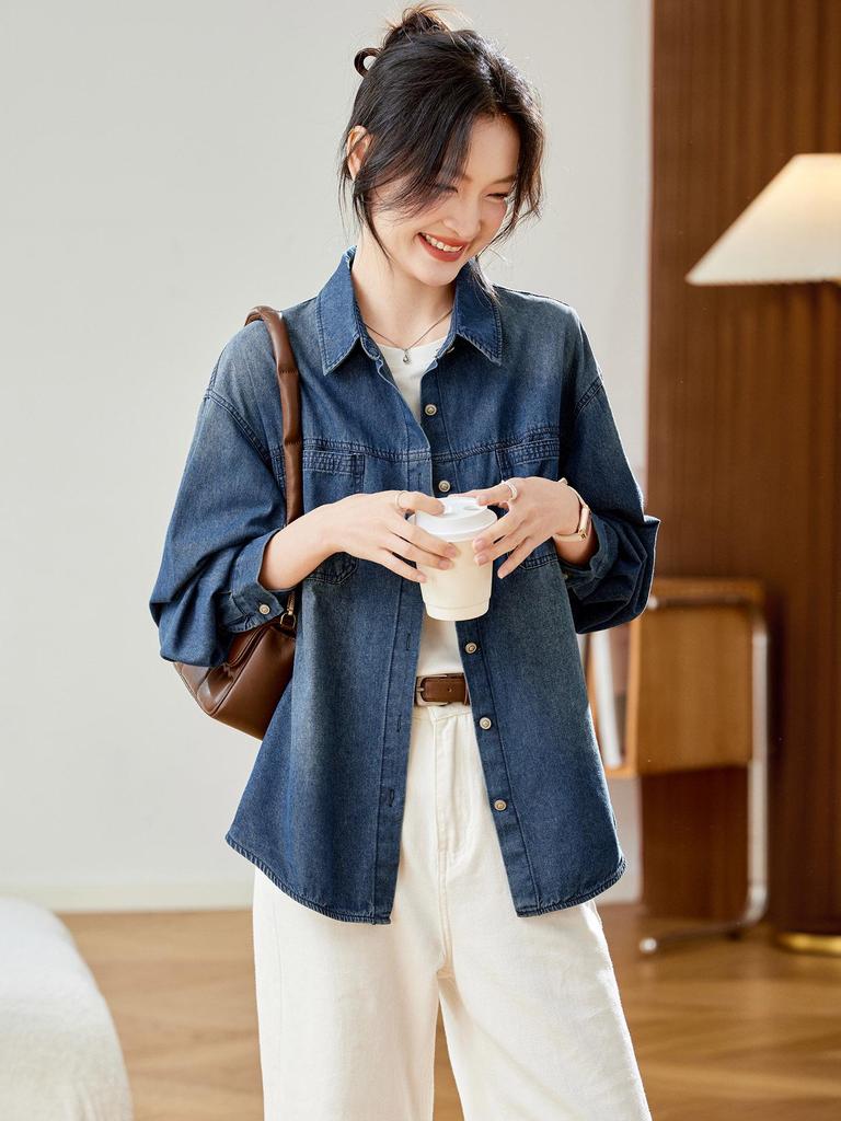 Women's Retro Denim Shirt Jacket - Long Sleeve, Mid-Length, 2025 Autumn/Winter Collection