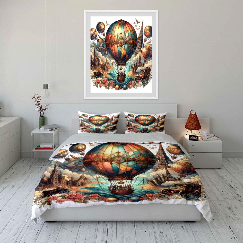 Vintage Hot Air Balloon Decor Multiple Sizes Kid'S And Adults' Bedroom Exquisite 3Pc Bedding Set, Gift