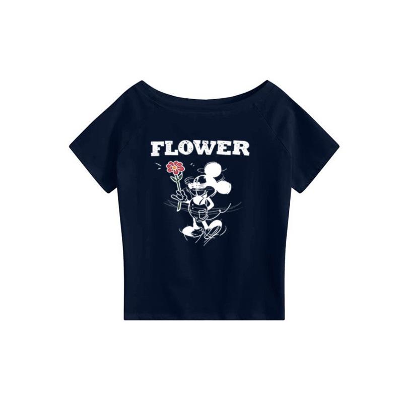 White Slanted Shoulder Off-shoulder Short-sleeved T-shirt Women's Summer New American Cartoon Mickey Print Casual Loose Top