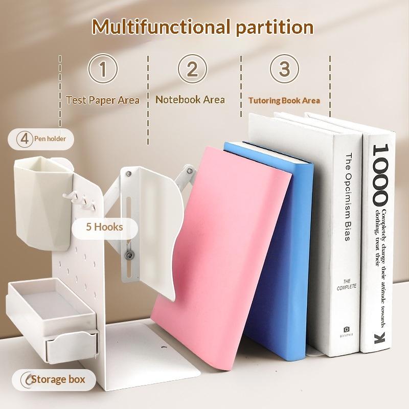 1Pcadjustable Expandable Book Organizer With Pen Holder And Hooks Holds 80 Books Perfect For Student Home Office Desktop Storage