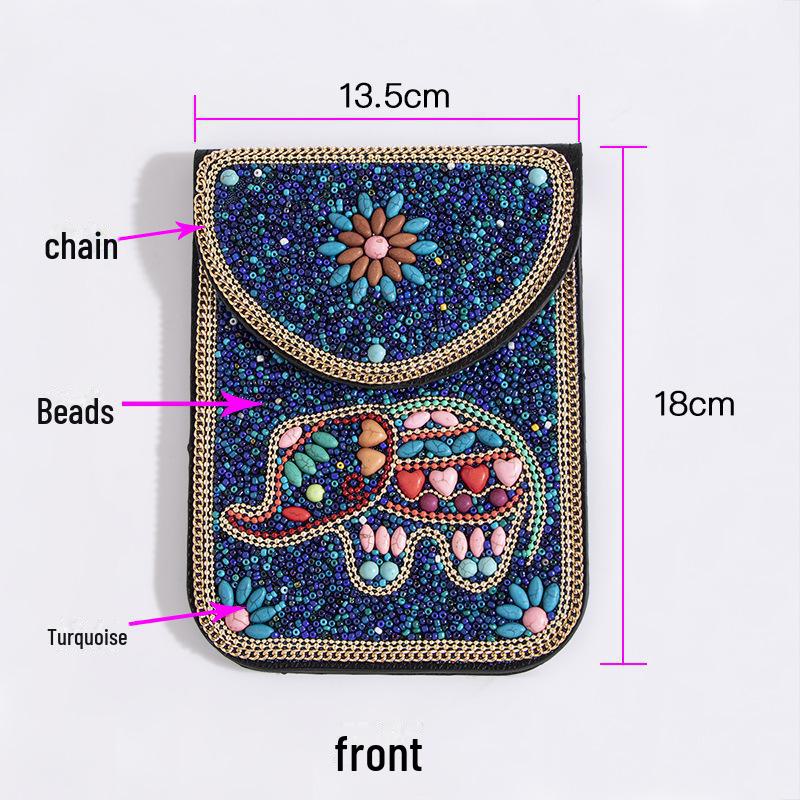 Bohemian Ethnic Shoulder Bag with Rice Beads, Shell Mobile Pocket, Floral PU Design, Women's Crossbody for Travel Photography.