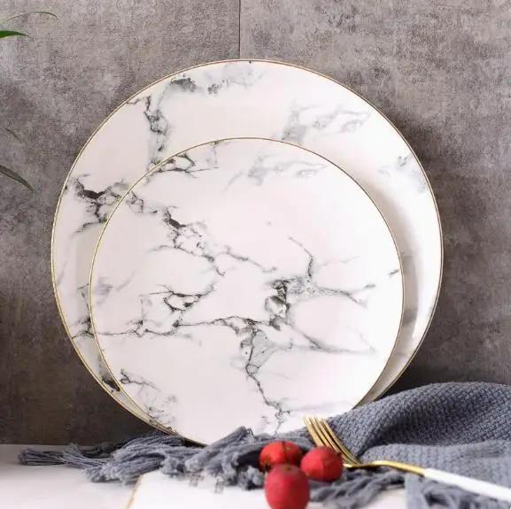 1 set European 8inch+10inch American style Gilt edged marble Dinner Golden Plate Steak Dish Dessert Plates Porcelain Fish Plate