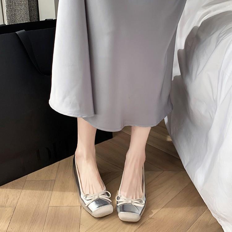 Cowhide Version~ Silver Leather Inner Height Increase Square Head Ballet French Mary Jane Shoes Bow Single Shoes Women's Flat Bottom