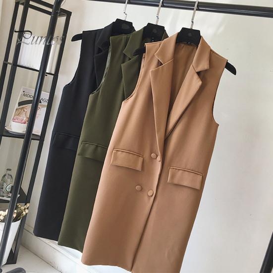 Podzim Jaro Ženy Vesta Stahovací límec Dvouřadý Volný Bez rukávů Délka Kapsy pod kolena Cardigan Jednobarevné Vesta na denní nošení