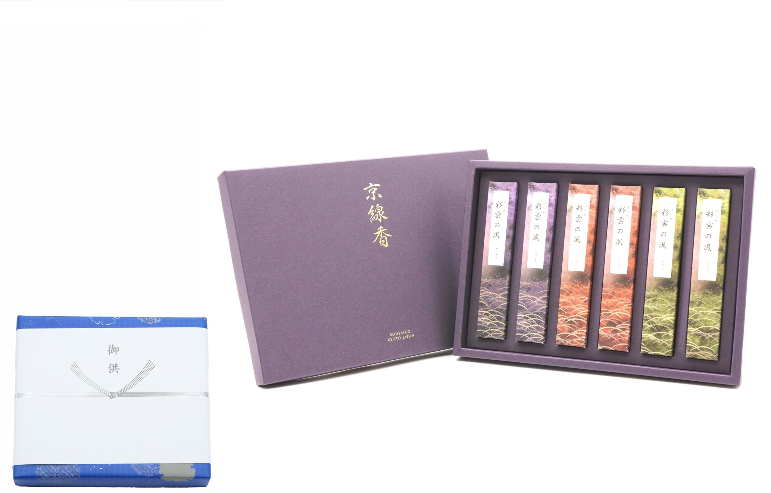 

Kyoto Incense Assortment Set of 6 Sticks in Purple, Red, and Green. Includes Gift Wrapping and Noshi (gift tag). Perfect for Obon, Mourning, and New