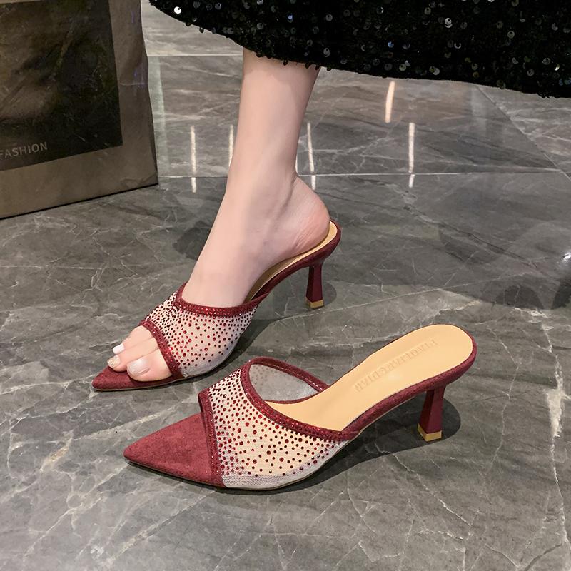 Fashion Summer Woman Thin Heel Rhinestone High Heel Slippers Fashion Open-toed Pointed End Slip-on Sexy Party High Heels Stiletto Sandal