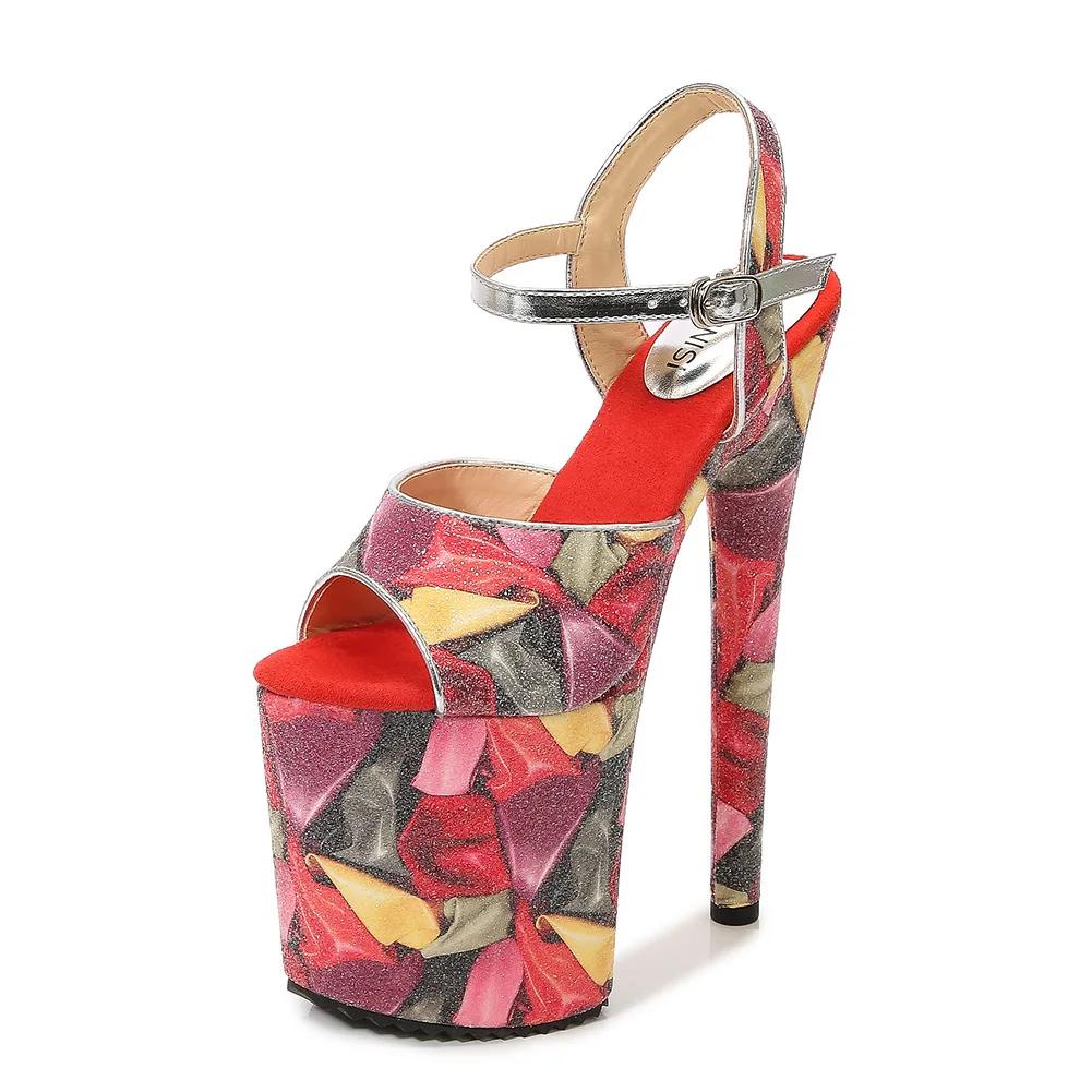 

Fashion Unisex 20cm Metal Thin High Heels Platform Sandals Ankle Strap Shoes Woman Pumps SUMMER Peep Toe Stilettos zapatos mujer 35 красный