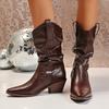 Vintage Pointed Toe Western Boots Women  Autumn Pleat High Heels Mid Calf Boots Woman Plus Size 42 Pu Leather Cowgirl Botas