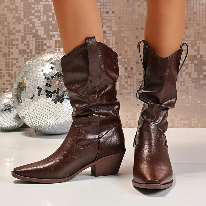 Vintage Pointed Toe Western Boots Women Autumn Pleat High Heels Mid Calf Boots Woman Plus Size 42 Pu Leather Cowgirl Botas