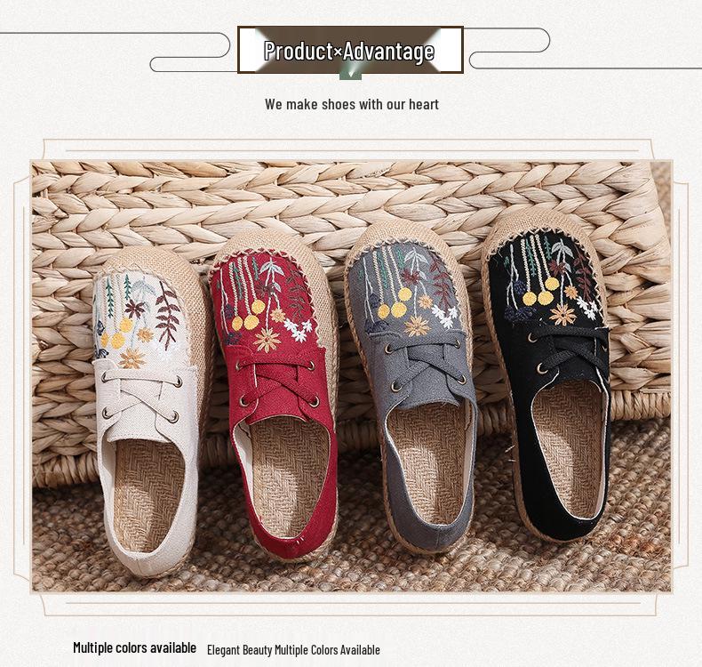 2025 Damskie lniane buty sznurowane w stylu etnicznym z haftem dmuchawca i ręcznie szytą cholewką