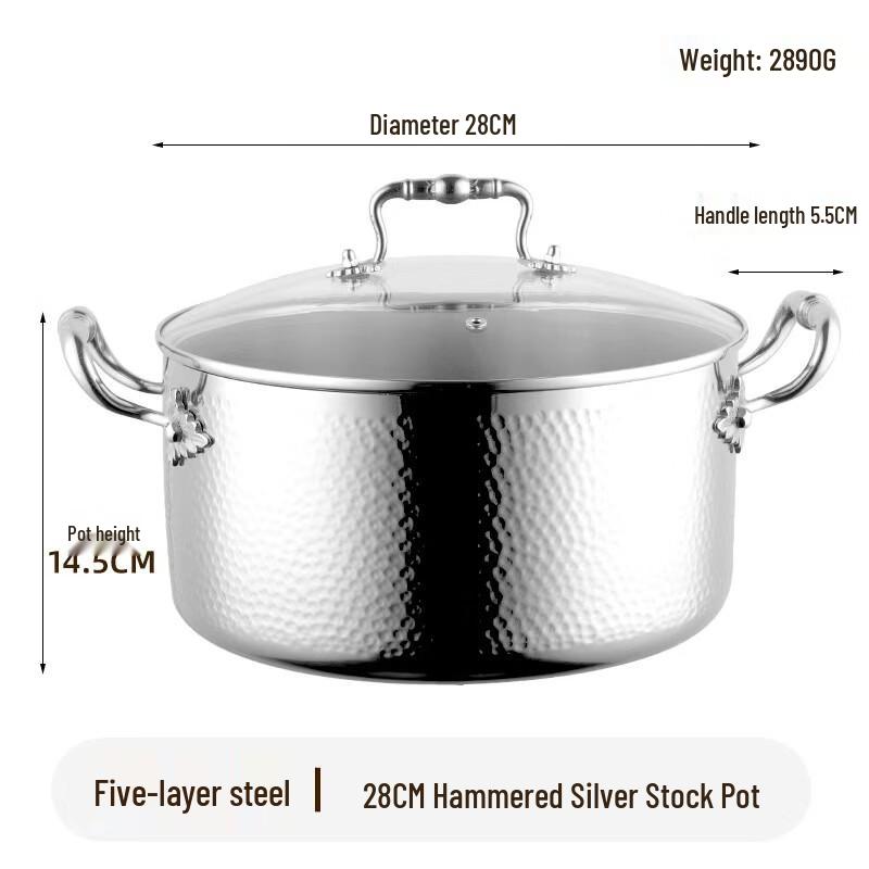 ZISIZ 28cm 316 Stainless Steel High Soup Pot with Lid