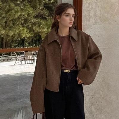 Women's Wide Solid Colour Zip Tweed Jacket Fashion Commuter Style Basic Lapel Long Sleeve Jacket Coat Women's Tops