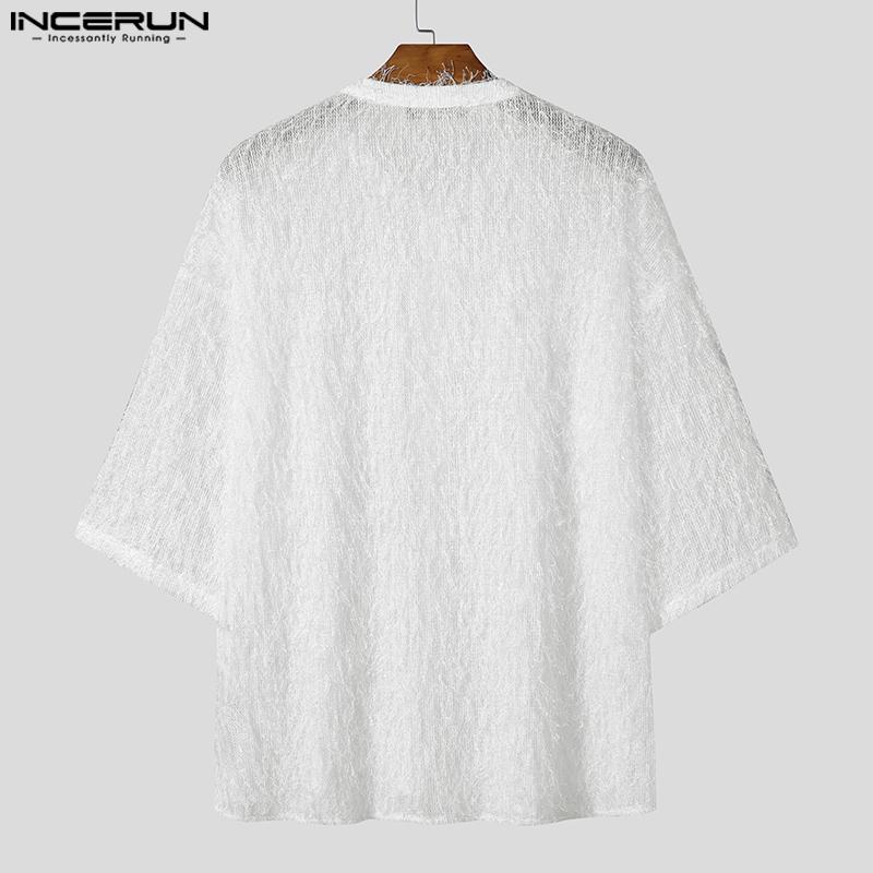 INCERUN Oversized Men 3/4 Sleeve Semi-Sheer Tassel Casual Loose Texture Shirts