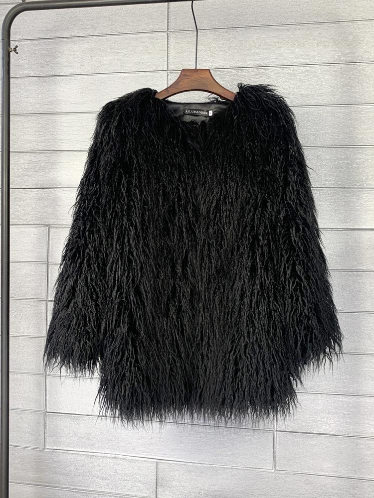 Korean Style Women's Tan Faux Lamb Wool Mid-Length Coat