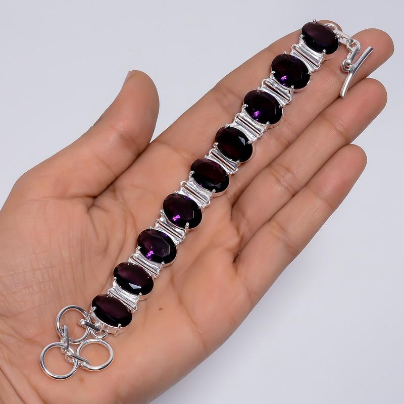 Classic Top Grade Qualite 100% Natural Amethyst Oval Shape Ethnic Style Handmade Jewelry 925 Steling Silver Plated Bracelet 6-8" WSJ-5172