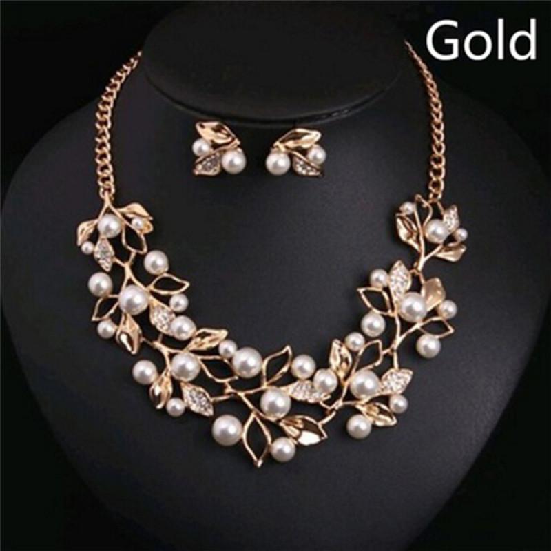 Pearls  Tree Leaves Necklace Earring  Elegant Ladies Luxury Jewelry Set