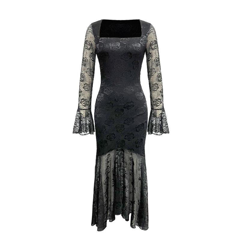 Fashionable and Elegant 2026 New Women's Dress with Mesh Jacquard Square Neck and Irregular Hem, Sexy Slim Fit Dress