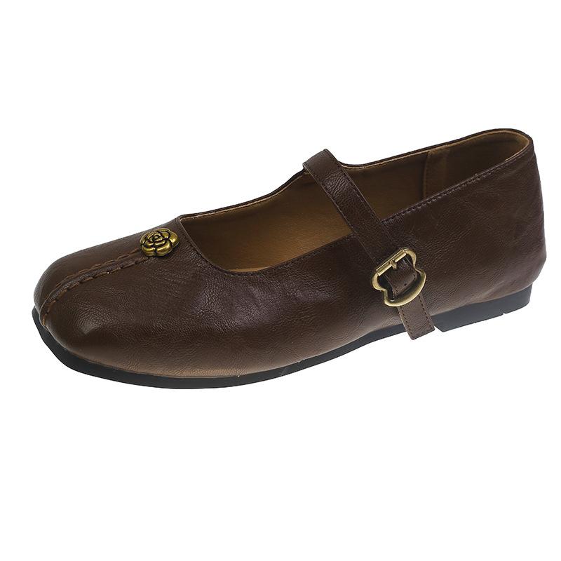 2025 Spring New Metal Flower Word with Mary Jane Shoes Women's Retro Commuting Thick Square Head Medium Heel Shallow Mouth Single Shoes