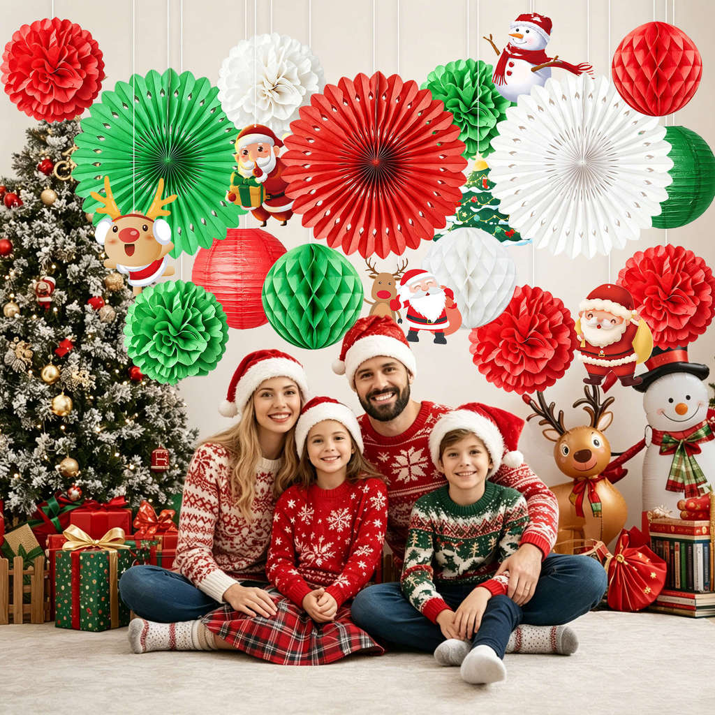 Christmas Party Decor Set With Paper Fans Paper Flowers Lanterns For Festive Event Venue Decoration