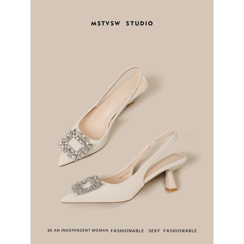 Baotou French high heels women's 2025 new temperament socialite Xiaoxiangfeng Baotou sandals rhinestone pointed single shoes women