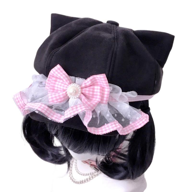 Dark Beret Cabbie Hat Bowknot Painter Hat Beret Baker Boy Hat for Street Strolling Dark Fashion Hat Props розовый