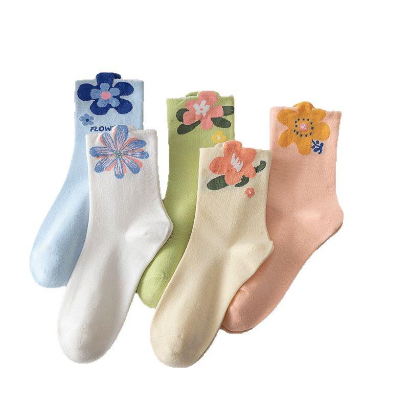 5 Pairs of Spring and Autumn Socks, Women's Mid-calf Socks, Thin, Non-pouting Tulip Stockings, Three-dimensional Solid Color, Versatile Flowers