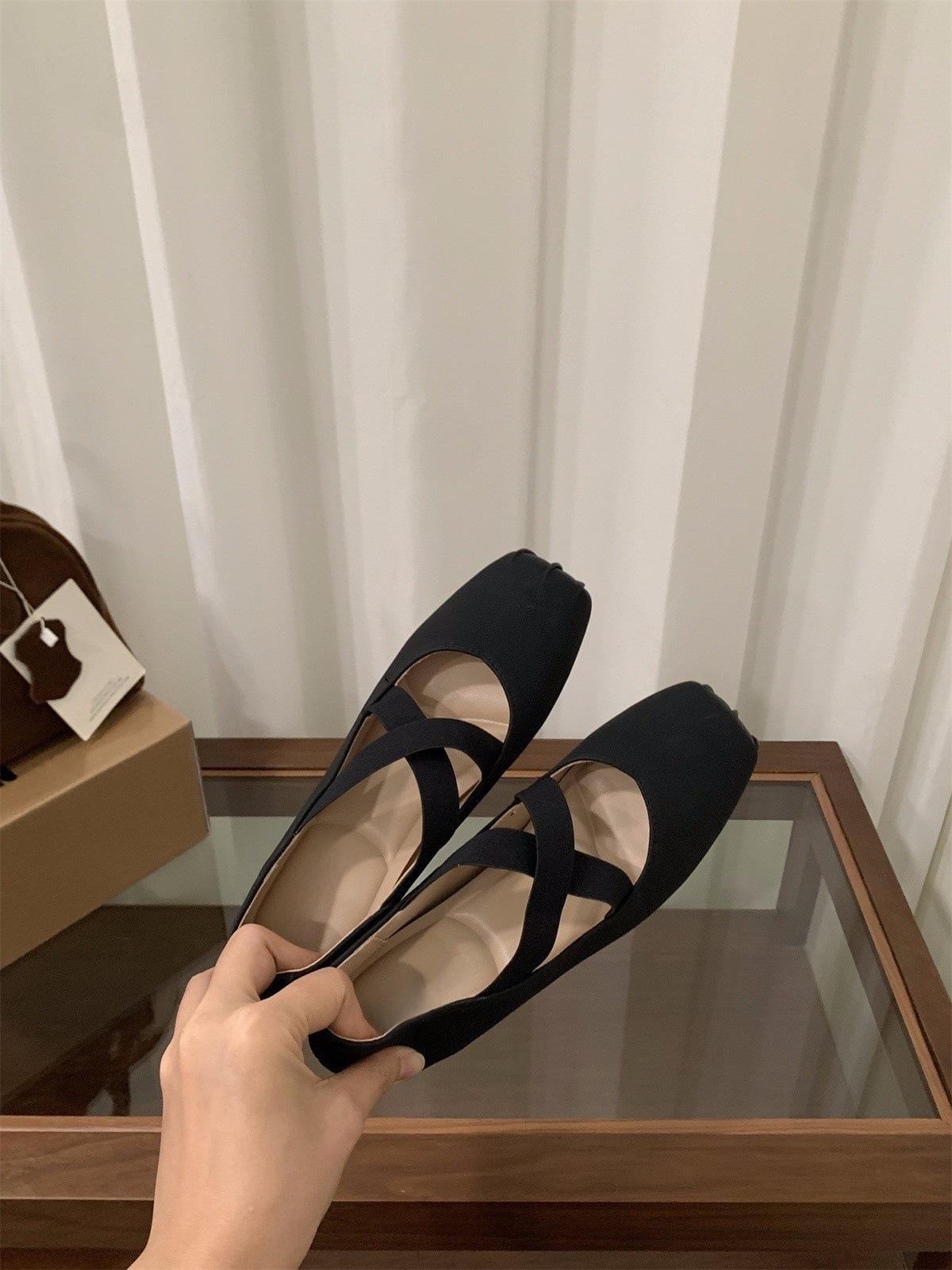 Inner heightening cross strap ballet shoes shoes 2025 square head pig nose Mary Jane evening shoes 35 чёрный