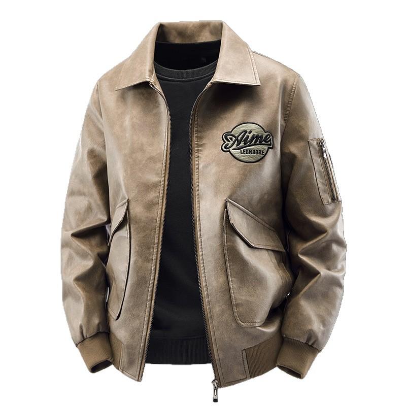 Spring and Autumn New Men's Leather Jacket Lapel Three-dimensional Pocket Fashion Trendy Men's Clothing Casual Versatile Trendy Brand Leather Jacket