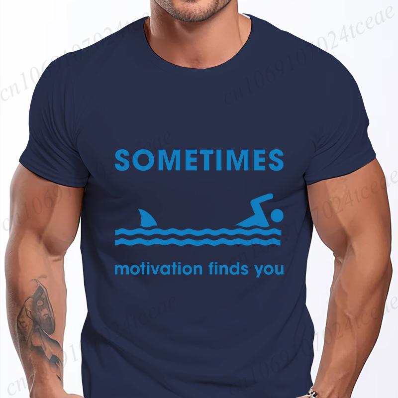 SOMETIMES Motivation Finds You Funny Shark T Shirts for Men Short Sleeve Shirts for Guys Funny Graphic Tees Fashion Casual Tops