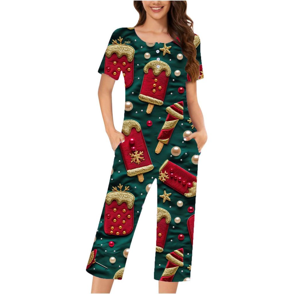 Women's 3D Christmas Pattern Short Sleeve & 7/8 Pants Set - Cozy Casual Home Wear.
