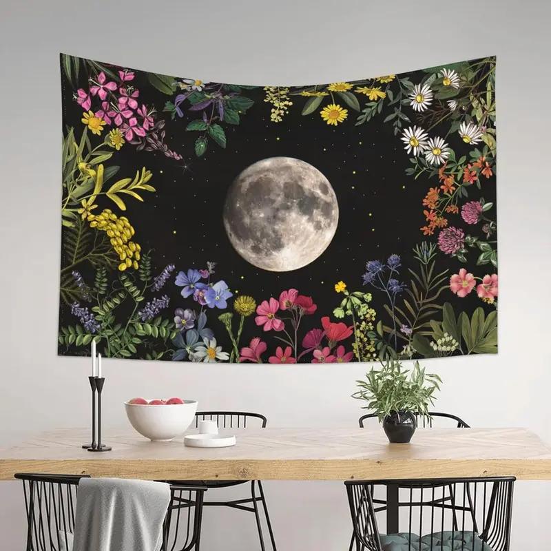 Moonlit Floral Tapestry Full Moon Blossom Motif Bedroom Headboard Wall Hanging Interior Design Style Room Decoration