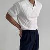 Men Top Turn-down Collar V Neck Jacquard Knitted Solid Color Short Sleeves Loose Stretchy