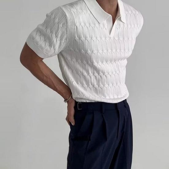 Men Top Turn-down Collar V Neck Jacquard Knitted Solid Color Short Sleeves Loose Stretchy