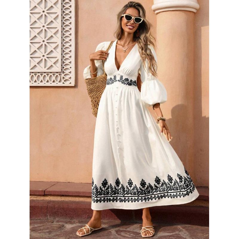 European and American summer new bohemian floral print V-neck bubble sleeve vacation dress XS
