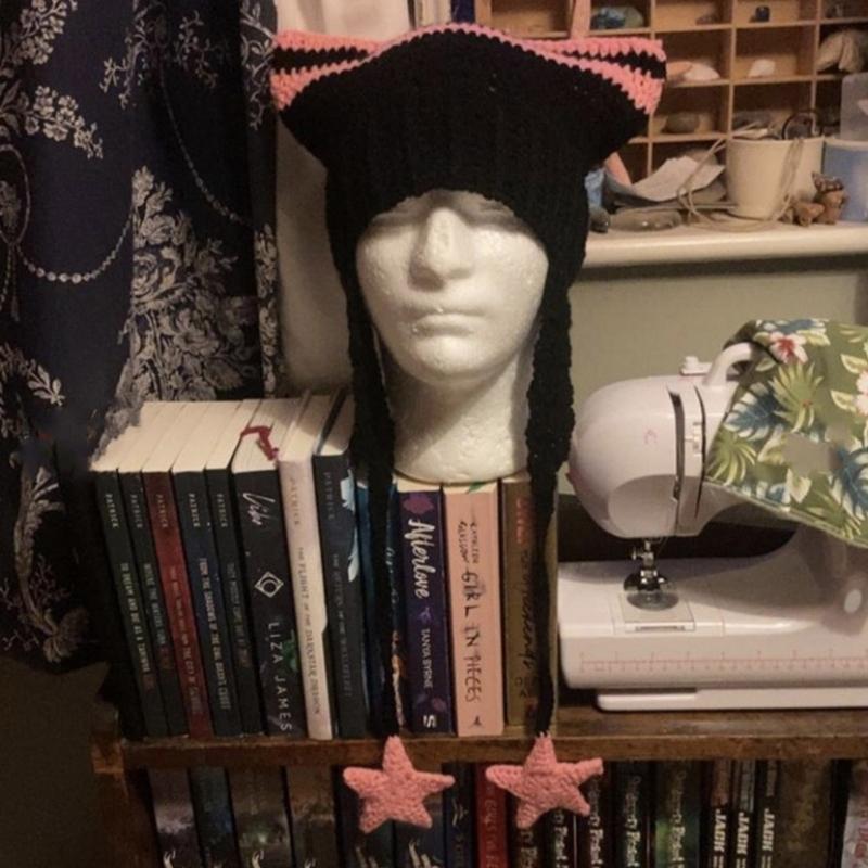 Girl Cartoon Kitten Ear Striped Knit Beanie Hat Y2K Star Party Hat Photo Props Hot Girl Cute Slouchy Knitting Hat