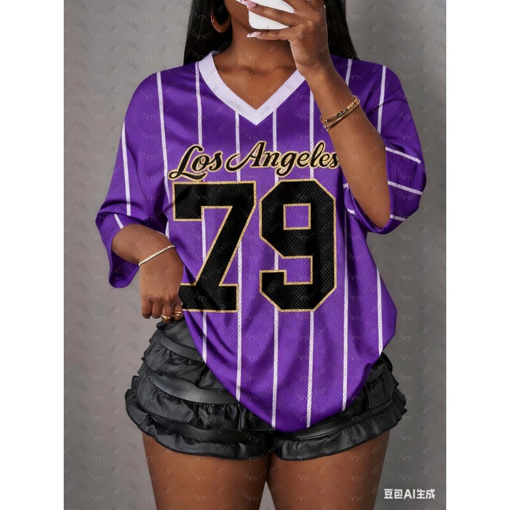 Women's Printed V-Neck Short-Sleeve T-Shirt, Summer Pattern T-Shirt, Baseball Shirt, Plus Size Sports T-Shirt