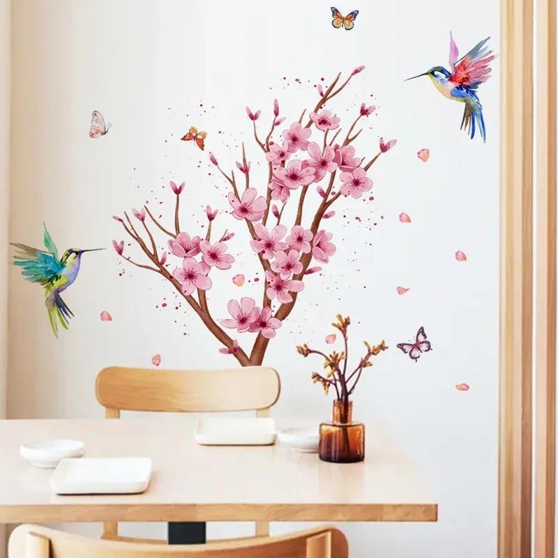 Ferskenblomstgren Fugl Sommerfugl Veggklistremerker Soverom Stue Bakgrunn Hjemmeinnredning Selvklebende Tapet