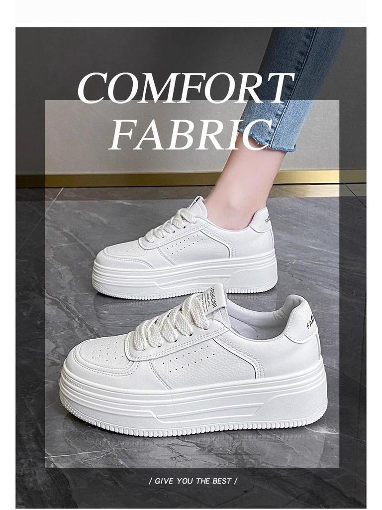 Dámské bílé prodyšné boty se silnou podrážkou - Pohodlné, protiskluzové, lehké, zvyšující výšku, skate tenisky na jaro a podzim