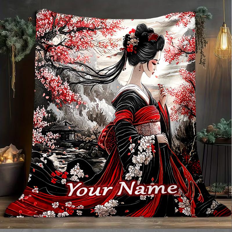1PC Custom Name Geisha Cherry Blossoms outdooor Flannel blankets Throw Blanket All-Season Throw Gift Bedspread for Couch, Bed, Camping Holiday Birthda