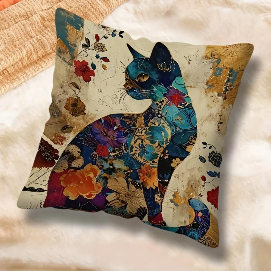 Exotic Cat Print Pillow Cover Zipper Closure Removable Fine One-Side Design Vibrant Blue & Golden Floral Pattern Bedroom, Sofa, Car Pillowcase