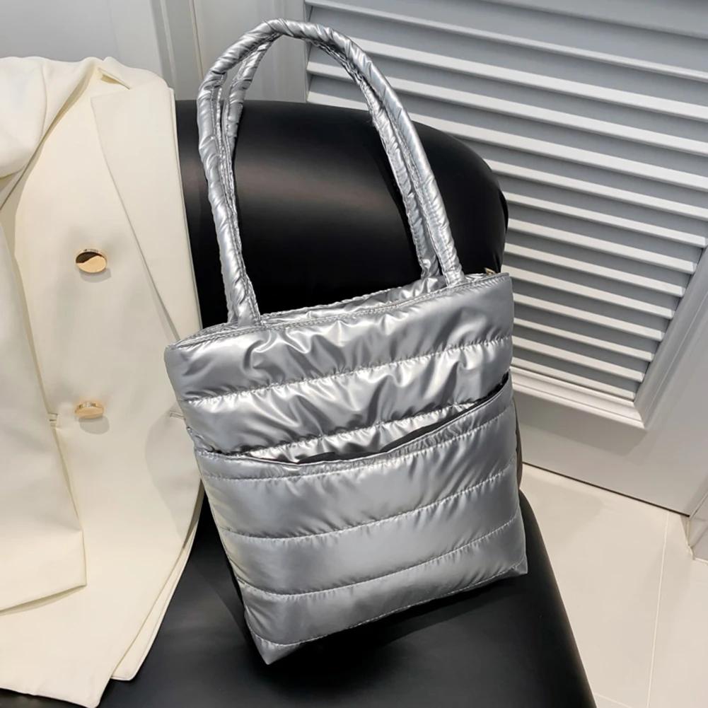 Women Padded Tote Bag Versatile Solid Puffer Bag Big Capacity Quilted Shoulder Bag Casual Winter Commuting Bag