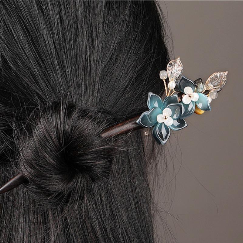 GEMCHIC Women s Vintage Chinese Style Hair Stick with Blue Floral Shell & Crystal Beads, Elegant Ebony Wood Hanfu Qipao Hairpin Accessory